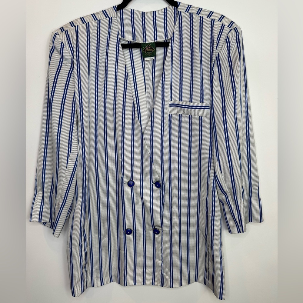 Vintage Blue White Striped Double-Breasted satiny Blazer jacket size 13